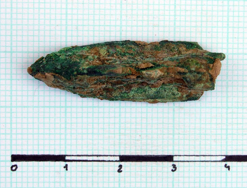 A three winged bronze arrowhead with an ogival outline